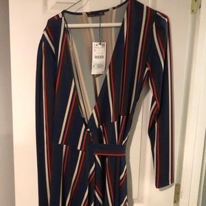 Zara red and blue striped wrap dress